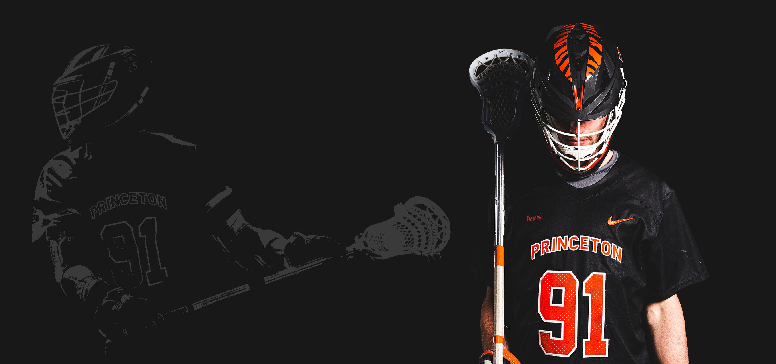 Coulter Mackesy In a Princeton Tigers Uniform wearing Lacrosse Gear 