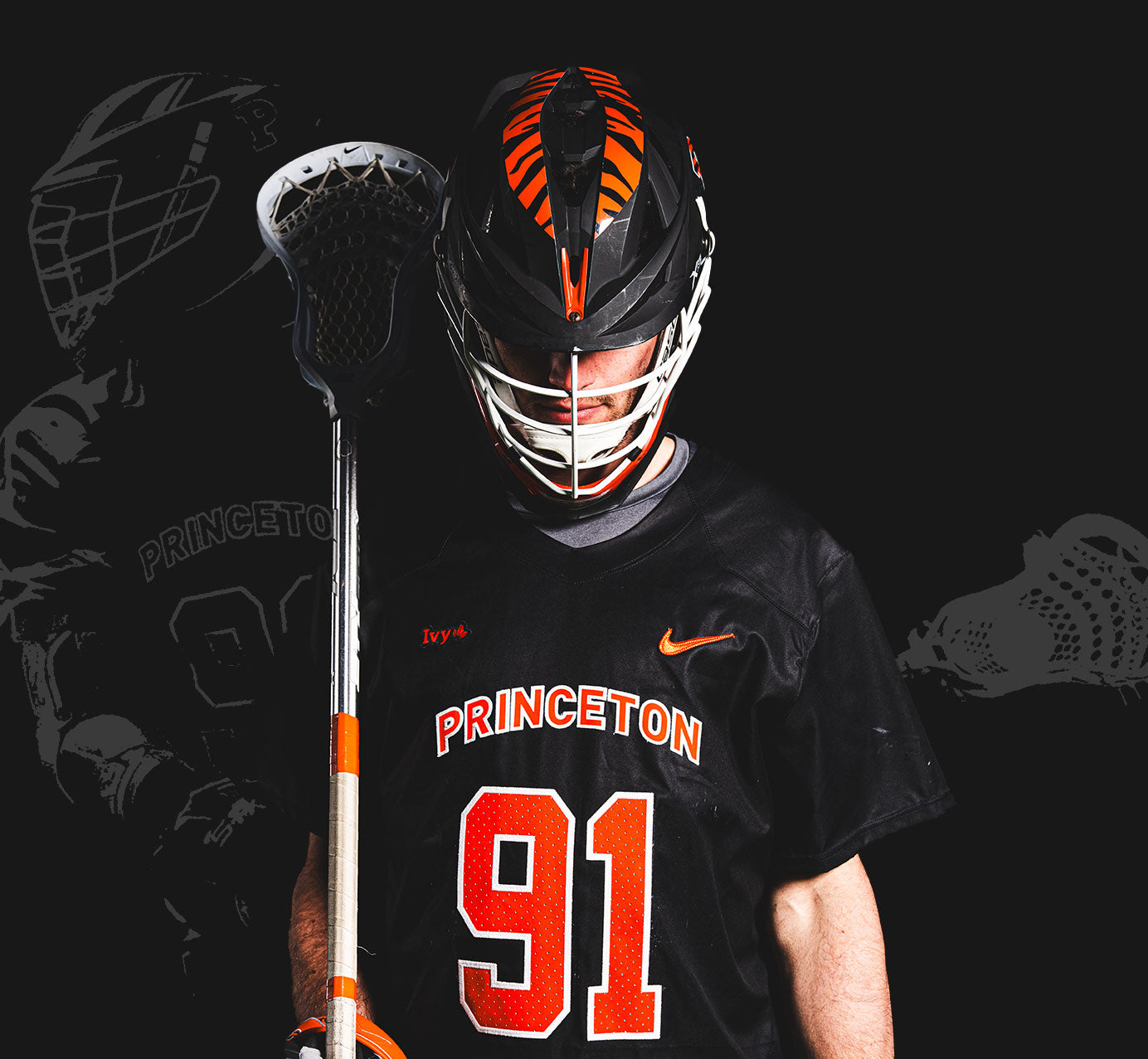 Coulter Mackesy In a Princeton Tigers Uniform wearing Lacrosse Gear 