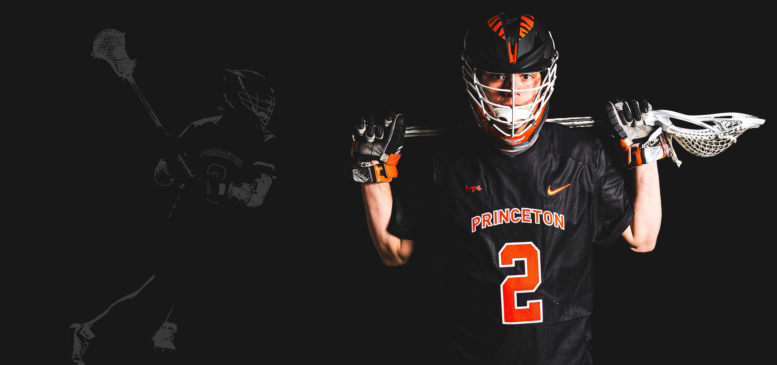 Nate Kabiri, in a Princeton Tigers uniform, Wearing lacrosse equipment for a photo shoot
