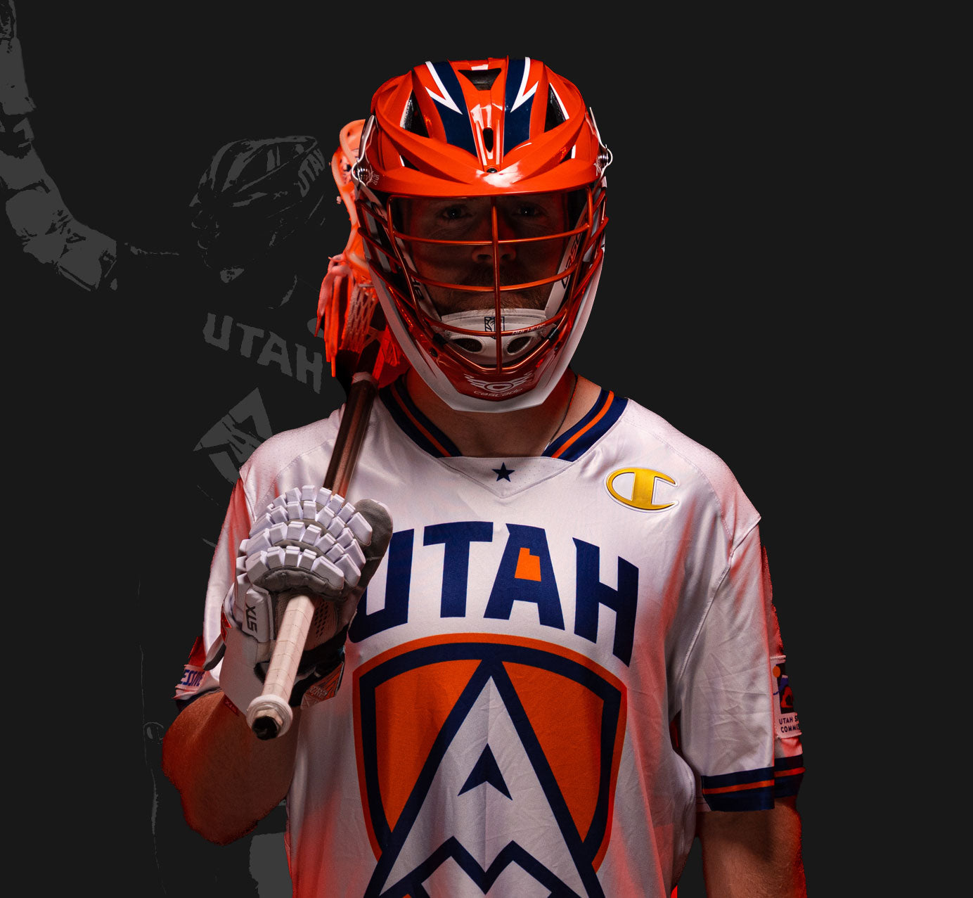 Tom Schreiber, in a Utah Archers uniform, Wearing lacrosse equipment for a photo shoot