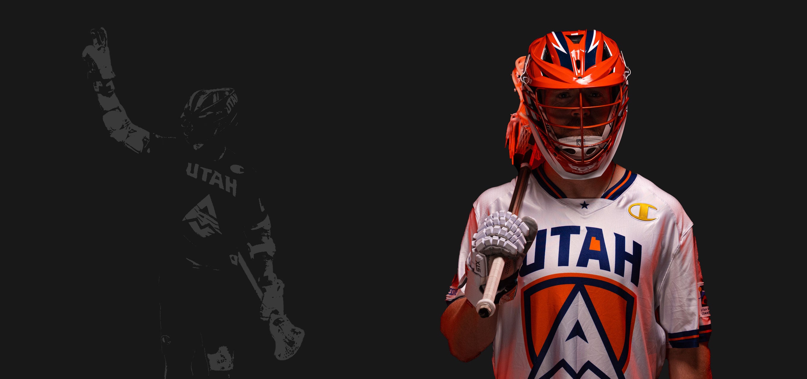 Tom Schreiber, in a Utah Archers uniform, Wearing lacrosse equipment for a photo shoot