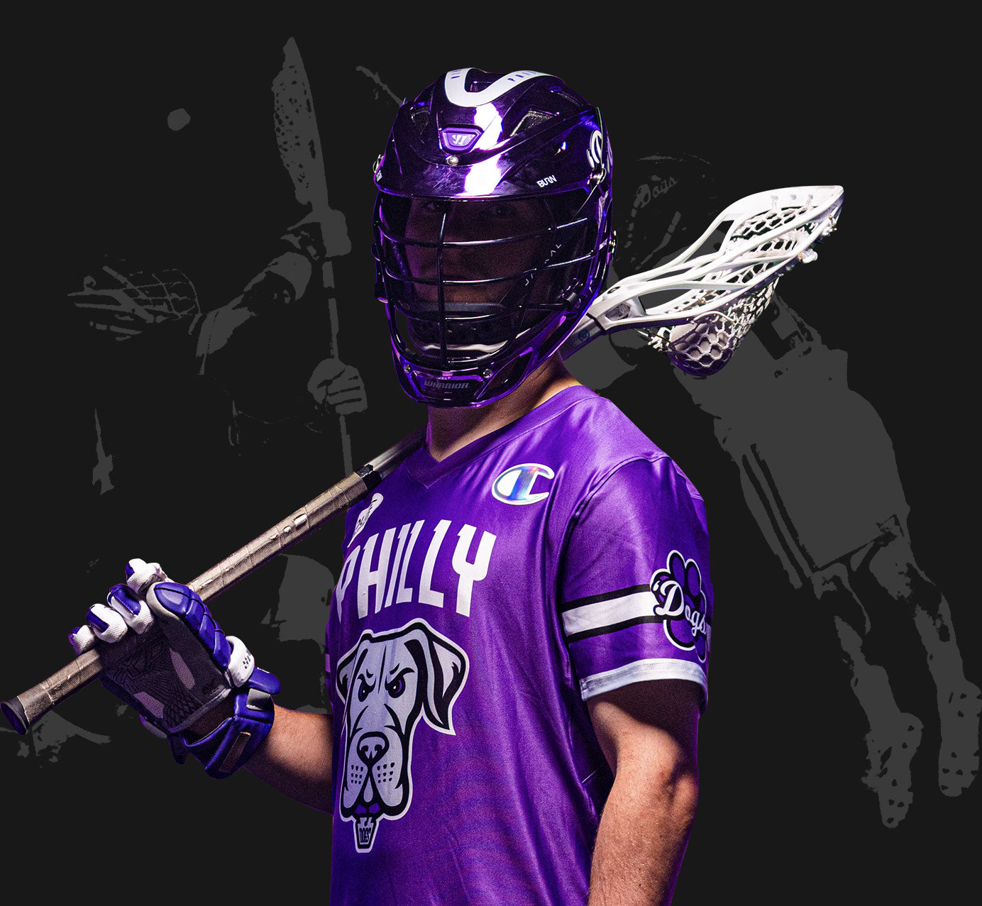 Michael Sowers, in a Philadelphia Waterdogs uniform, Wearing lacrosse equipment for a photo shoot